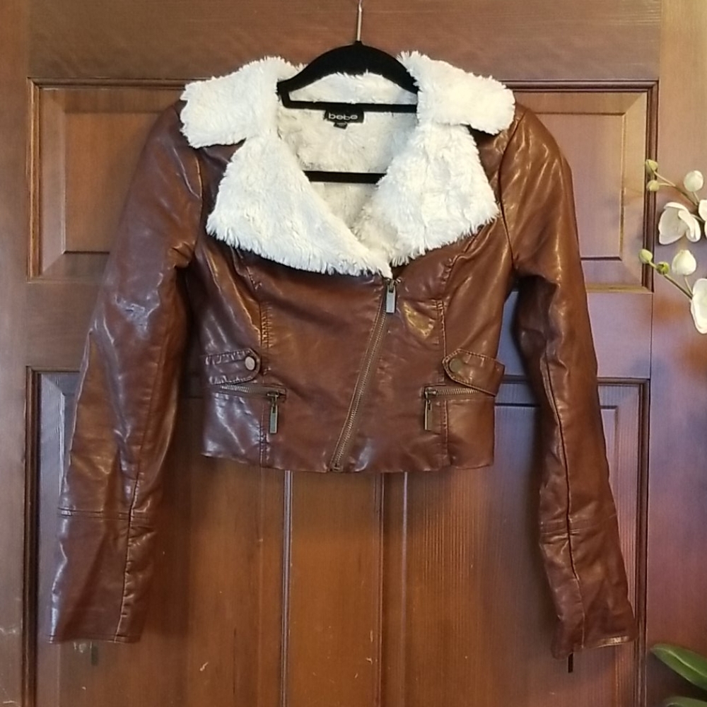 Bebe Brown Faux Leather Fleece Lined Short Jacket